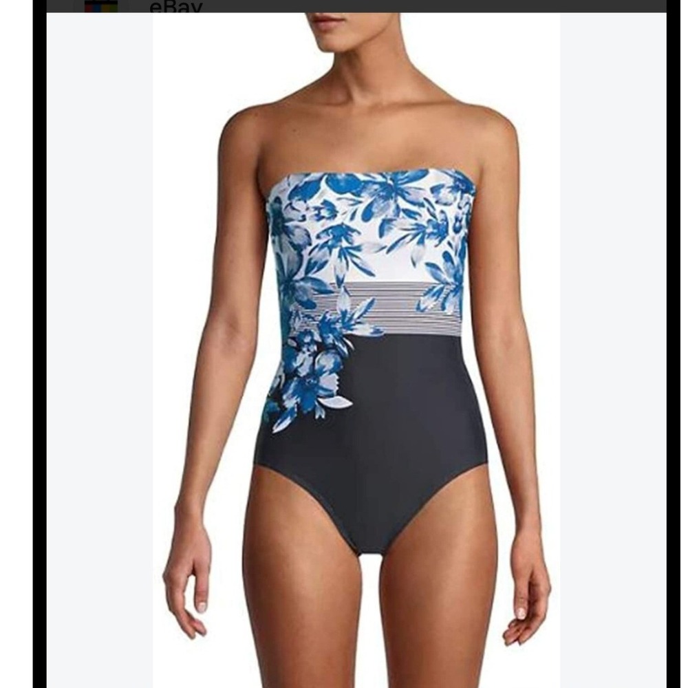 Calvin Klein Womens Floral Stripe One Piece Swimsuit Blue Navy 8 CG0MJ501